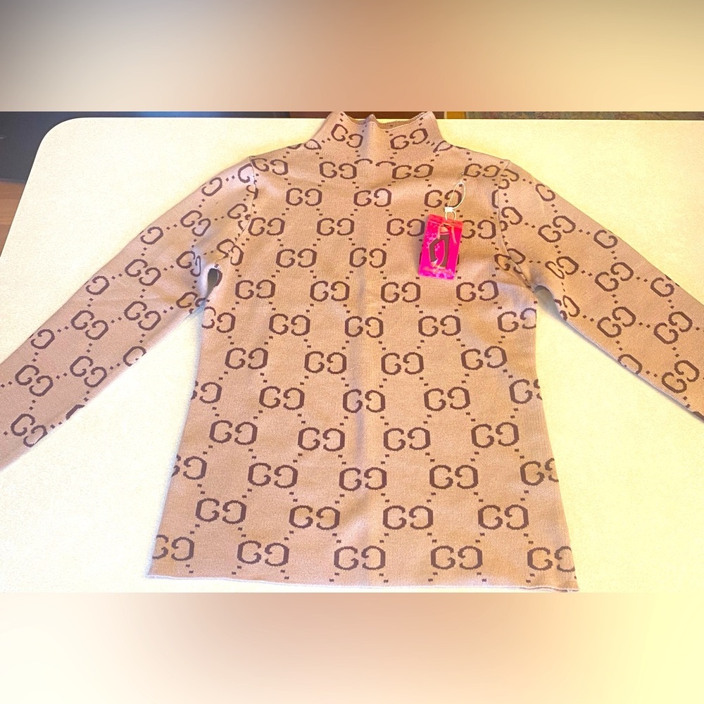SWEATER: Beige & Brown Stretchy Turtleneck w/Long Sleeves, NWT - Picture 6 of 14